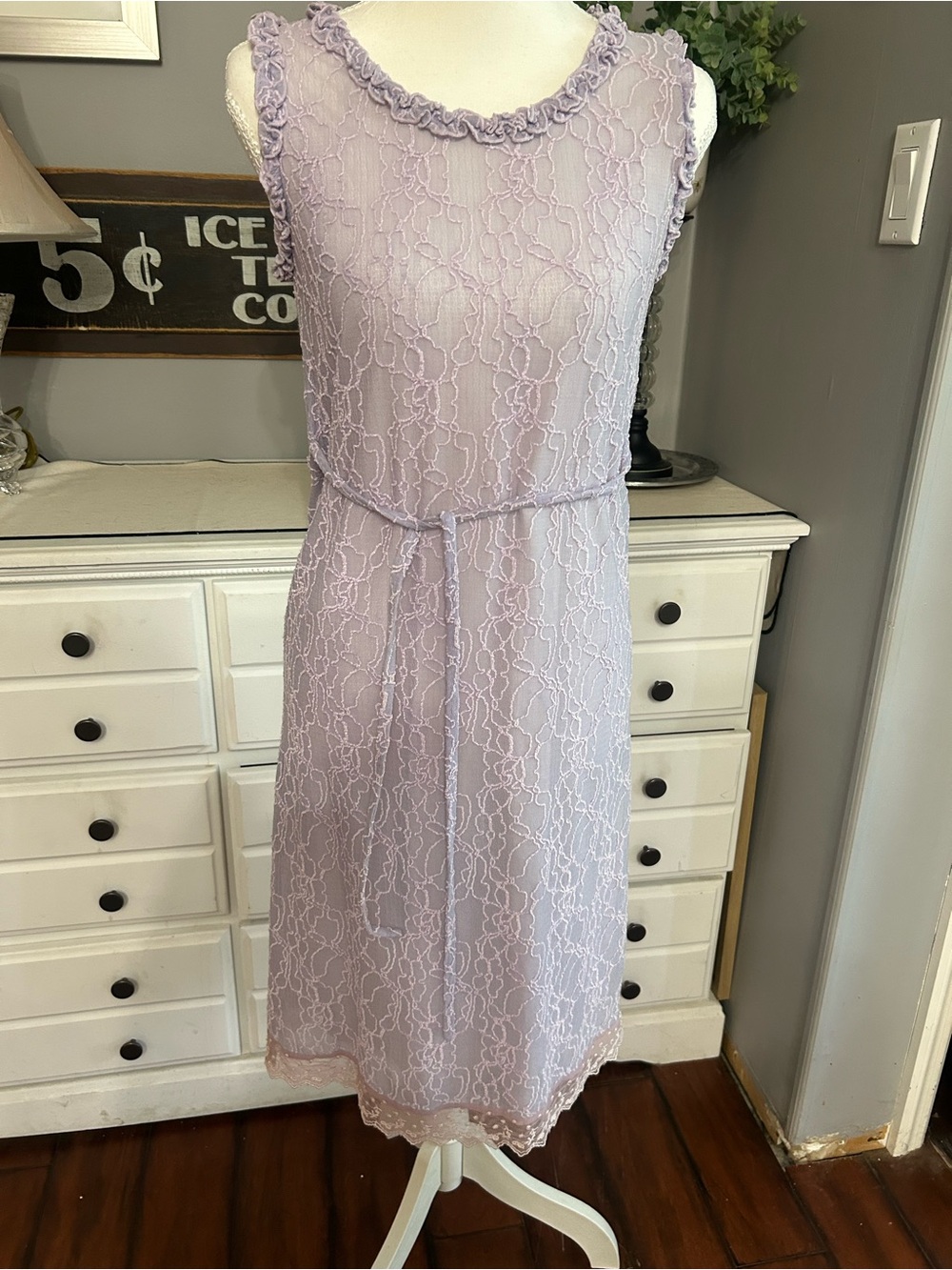 MAN FUNG Lilac Lace Ruffle Dress Pastel Purple Coquette Cottagecore Soft  Sz S*